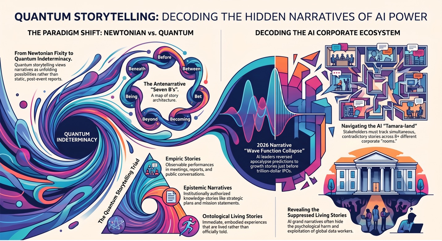 Figure 1: Key Concepts of Quantum Storytelling — Indeterminacy, Antenarrative Bs, Narrative Wave Function Collapse, Navigating Tamara-Land, Revealing Suppressed Living Stories, and Quantum Storytelling Triad